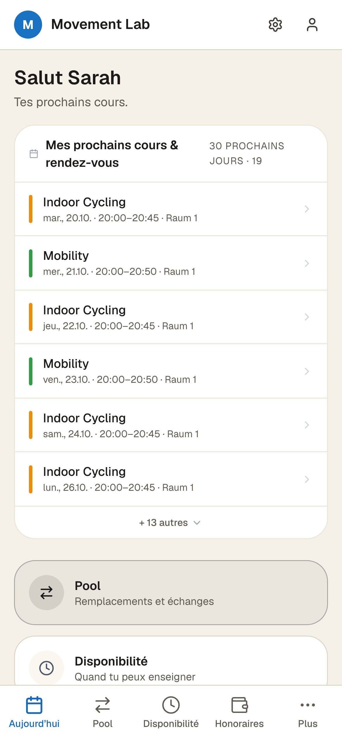 L’app avoo pour l’équipe sur le téléphone : la vue du jour avec les prochains cours d’une instructrice.